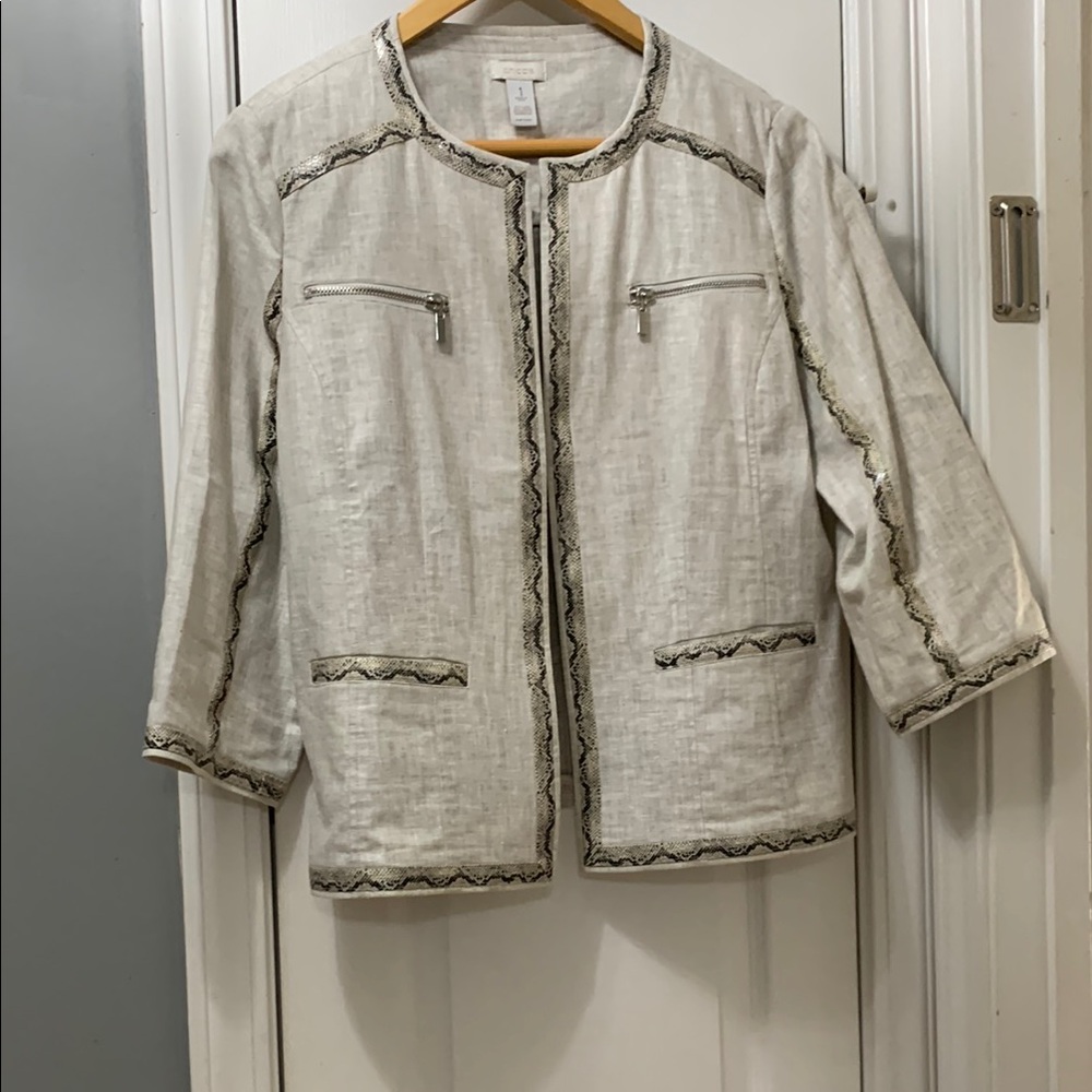 CHICO’S Elegant Cream Jacket with snake skin Black/Cream Trim - Picture 1 of 11